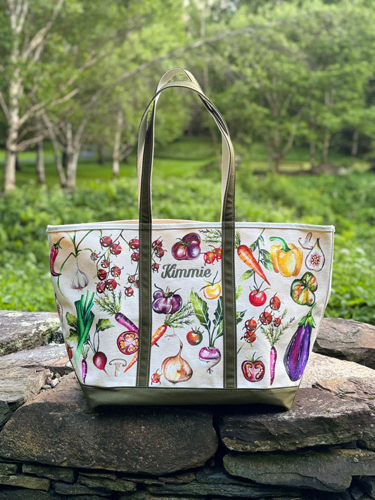 Custom Painted XL Antique Olive Veggie  LLBean Boat and Tote Bag