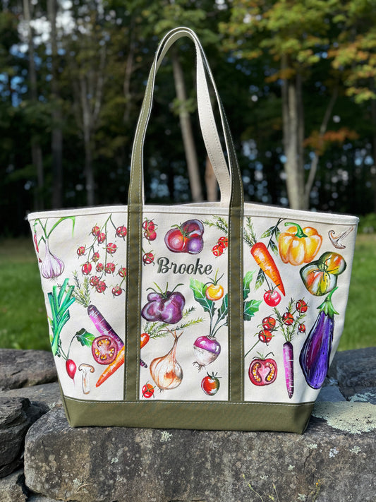 Custom Medium Veggie Antique Olive Painted LLBean Boat and Tote Bag