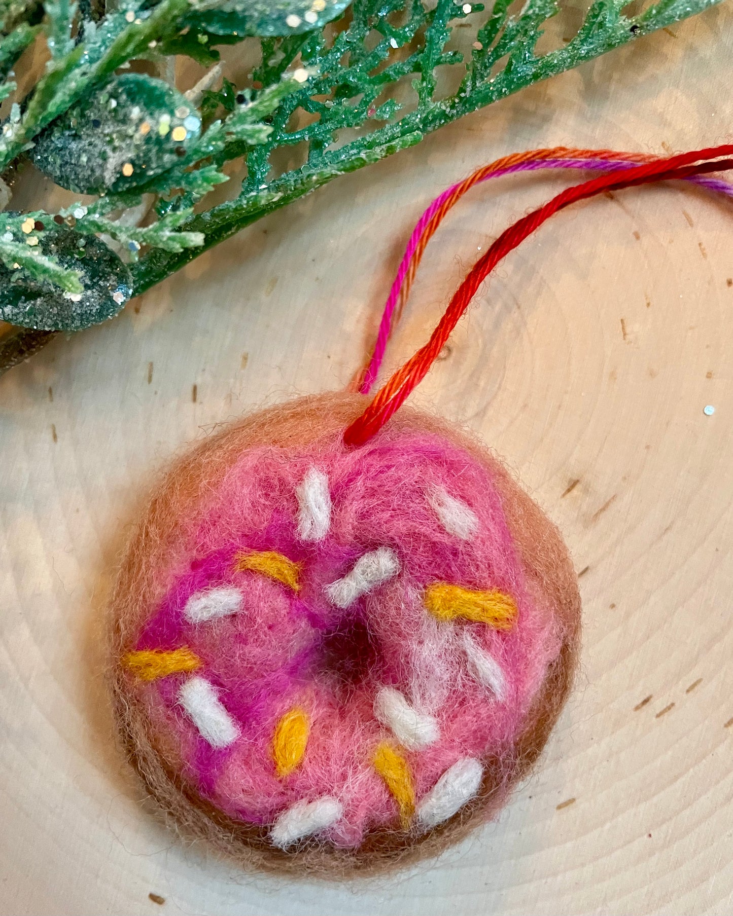 Wool Felted Strawberry Frosted Donut Ornament